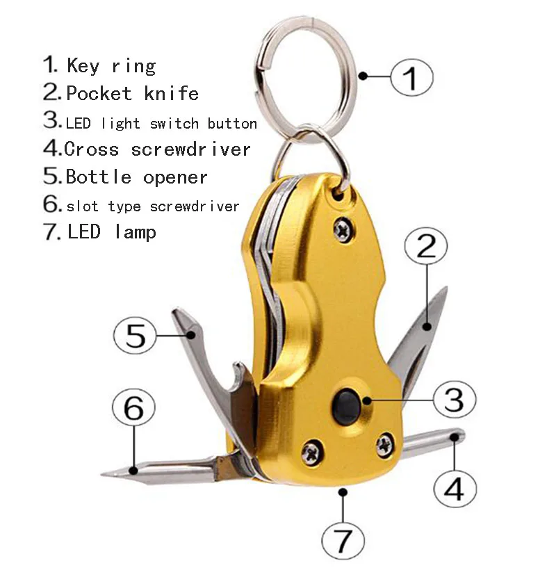 Five in one Outdoor multifunctional portable folding screwdriver creative gift key chain with LED light EDC tool
