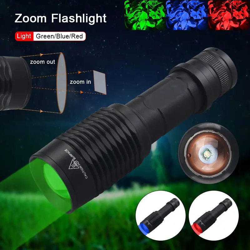 Tactical Zoomable Flashlight Green/Red/Blue Light Torch Waterproof LED Hunting Lamp for Outdoor Camping Fishing Detector