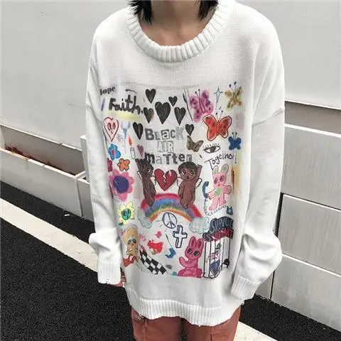 Korobov Korean New Cartoon Harajuku Sweaters Japanese Preppy Style Oversize Pullovers Vintage Streetwear Jumpers Femme