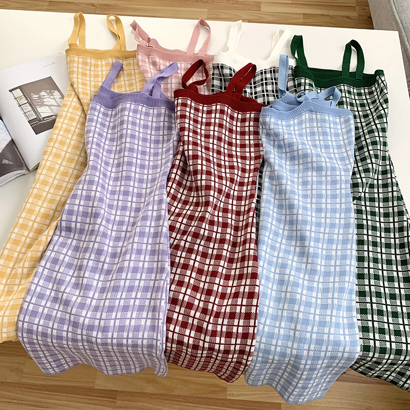 2021 Spring Summer Women's Knitting Basic Plaid Tank Dress Female Sheath Camisole Sleeveless Pencil Mini Dresses For Women