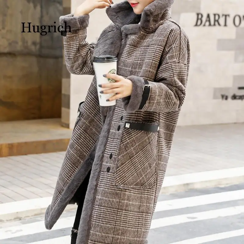 Plaid Faux Leather Fur Parka Coat Women Jacket Women's New 2021 Autumn Winter Lamb Fur Female Overcoat Outerwear Coats