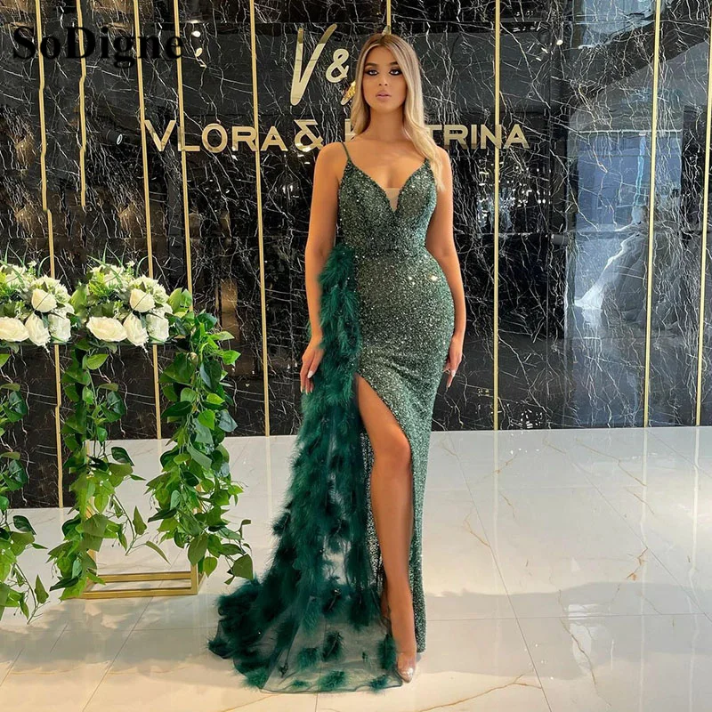 Sodigne verde lantejoulas glitter vestidos de noite com penas destacável cauda cinta árabe fenda formal vestido de festa vestidos formais