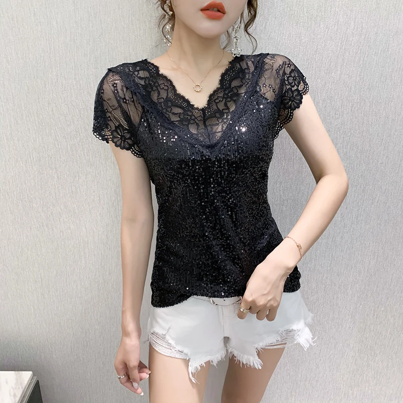 2023 Summer Sexy Lace Women Blouse New V Neck Glitter Sequin Gauze Patchwork Tops Elegant Short Sleeve Slim Black T-shirt 14652