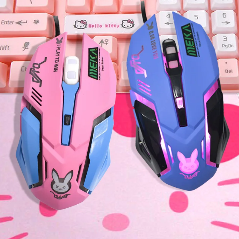 OW DVA Pink Game Office Mouse Girls Light-emitting Competition Chicken Cute Wired Mouse for PC Laptop CF Overwatch