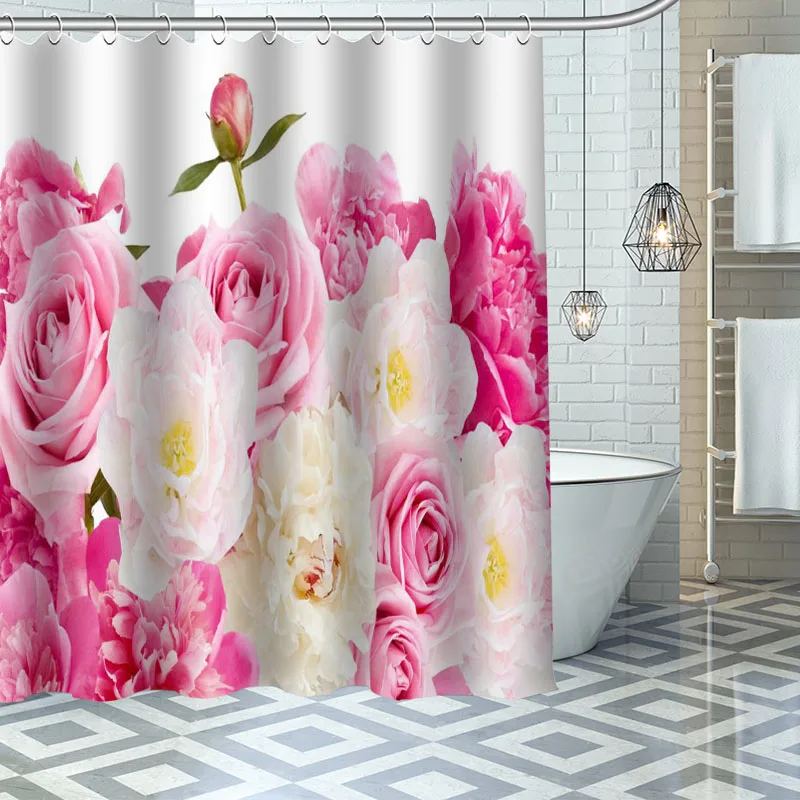 Custom Flower Peony Shower Curtains Waterproof Fabric Cloth Bathroom Decoration Supply Washable Bath Room Curtain