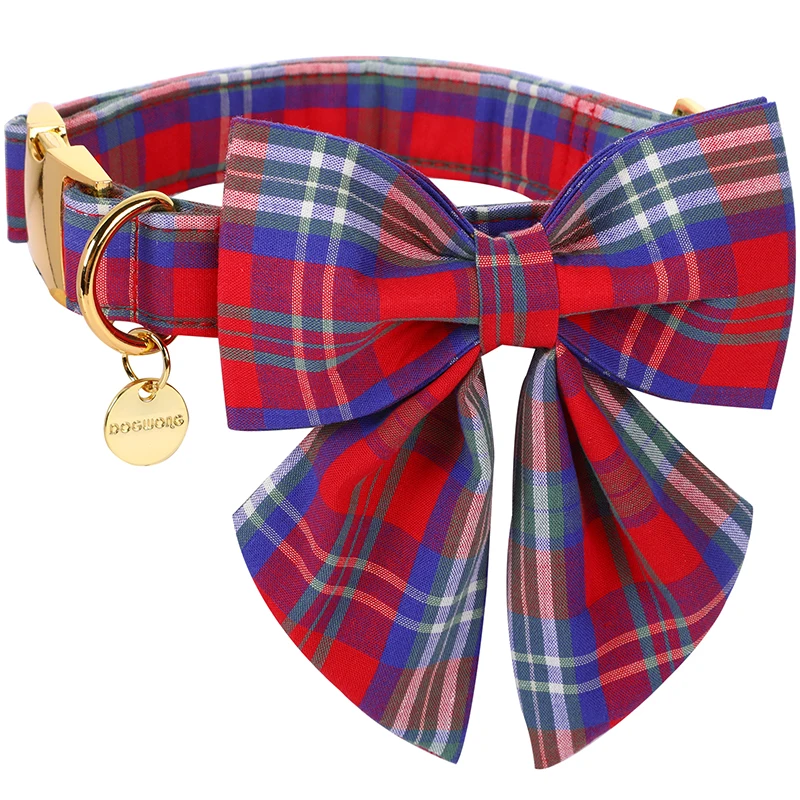 Unique Style Paws Christmas Cotton Dog Collar with Sailor Bow Red and Blue Plaid Puppy Collar for Small Medium Large Dog