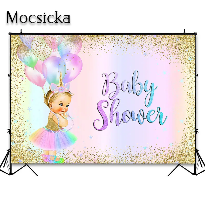 Mocsicka Unicorn Princess Baby Shower Backdrop Gold Glitter Confetti Pastel Rainbow Baby Shower Party Decorations Background