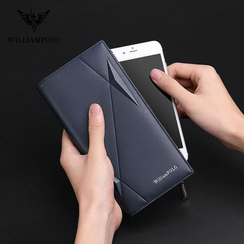 WilliamPOLO Brand Men Genuine Leather Wallet Zipper Coin Pocket Business Clutch Wallets Bag Male Long Wallets Men Wallet For Men