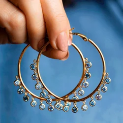 Huitan Funny Tassel Hoop Earrings For Women Big Circle Loop Gold Color Accessories Party Daily Wear Stylish Earring Large Female