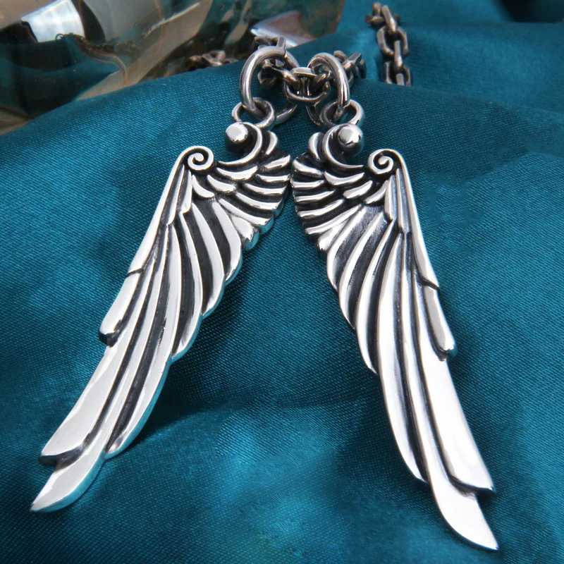 100% S925 silver personality carved angel wings Pendant Jewelry Silver Necklace Pendant and punk trendsetter Thai Silver