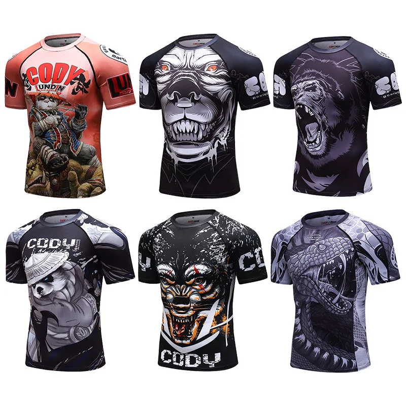 Gym Fitness T Shirt Men Sport  Running Dry Fit T-shirt Bodybuilding Compression Shirts Muay Thai Boxing Jiu Jusit Bjj MMA Shirt