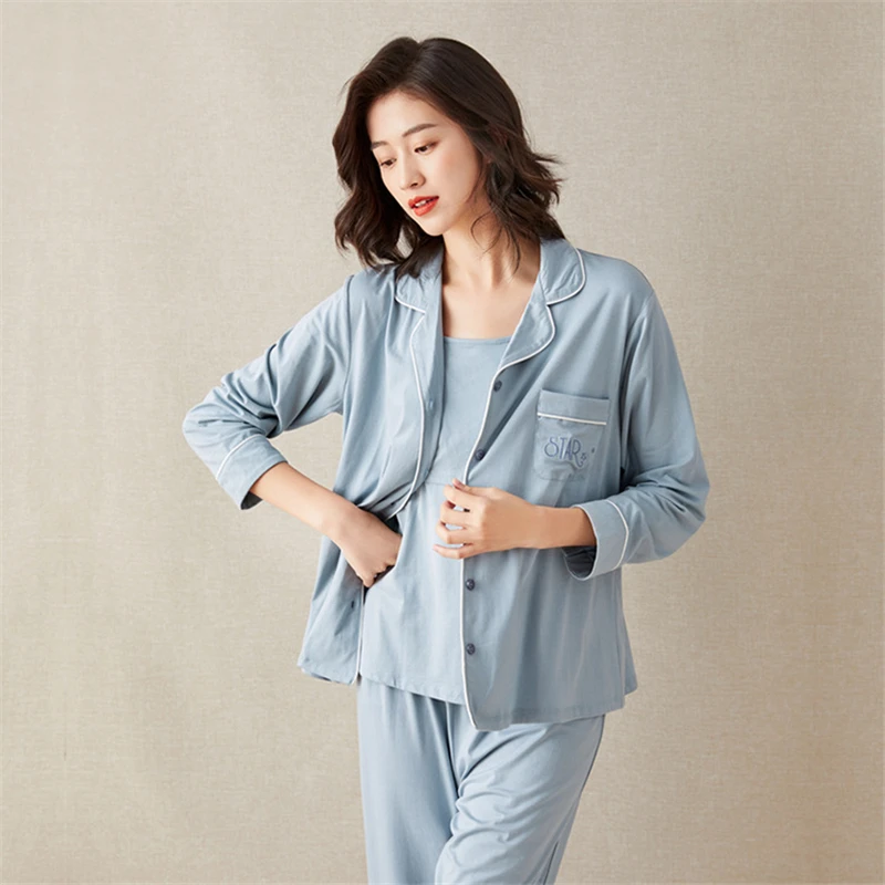 3Pcs Maternity Sleepwear Nursing Set Pregnant Pajamas Postpartum Nightwear Cotton Long Sleeve Coat Vest Pants Maternity Clothing