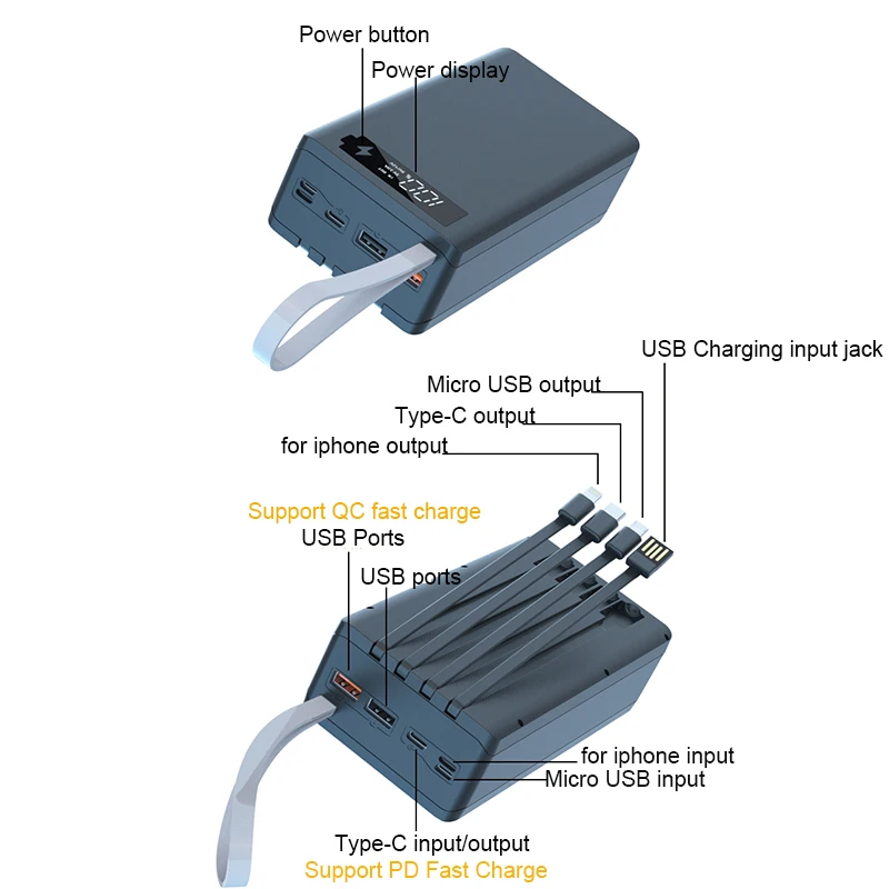 DIY Power Bank Shell Box com Construído no Tipo C Cabo Micro USB, Carga Rápida, Titular Caso da Bateria, Caixa de carregamento, 12*18650