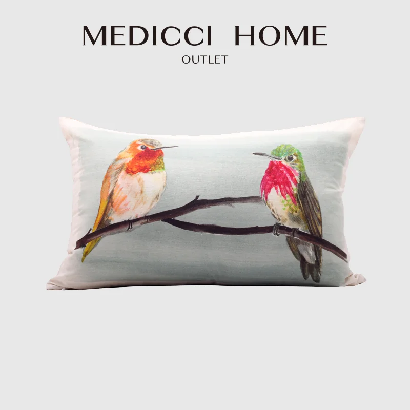 Medicci Home 100% Real Mulberry Silk Lumbar Pillow Case Blue Birds Hand Painted Artistic Oriental Luxury Cushion Covers 35x53cm