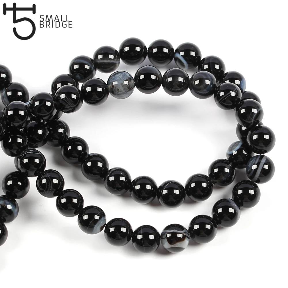 خرز من الحجر الطبيعي ، عقيق ، أونيكس ، مخطط أسود ، فضفاض ، لصنع المجوهرات ، 6 ، 8 ، 10 مللي متر #2