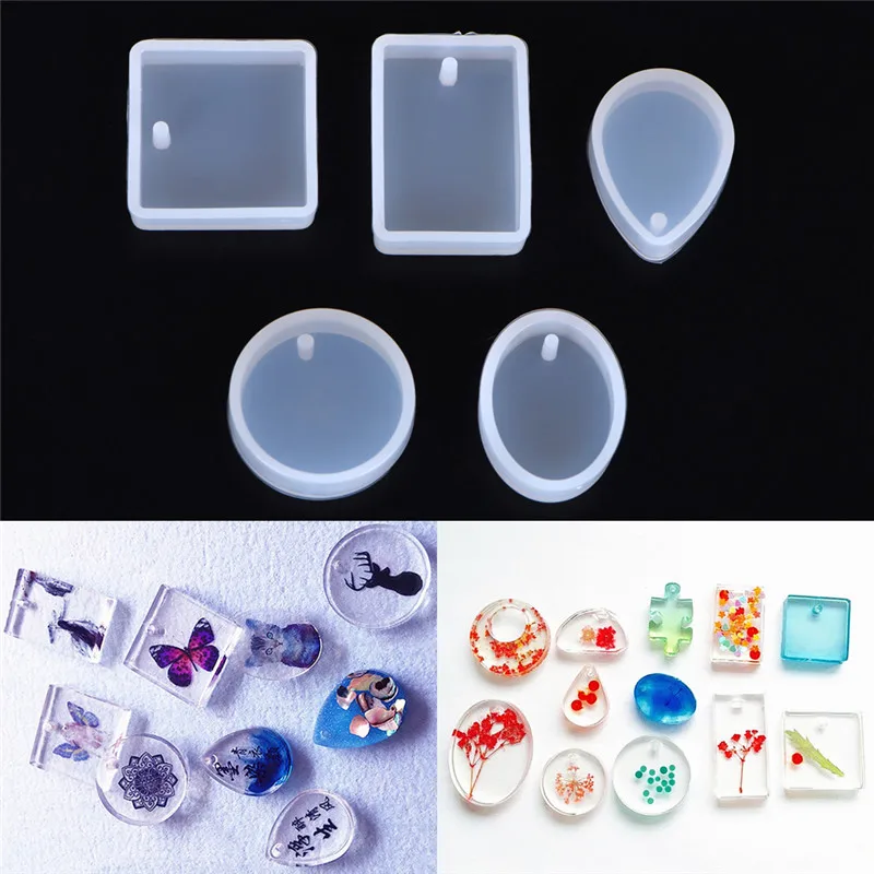 

5 Pcs Shapes Hole DIY Molds Jewelry Making Tools Silicone Moulds Charm Pendant With Hanging