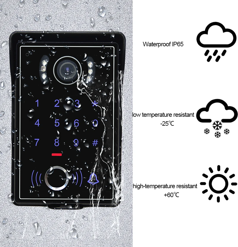 Intercomunicador con cable para el hogar, sistema de timbre con huella digital, contraseña, desbloqueo, seguridad, impermeable, visión nocturna IR, 1080P, 7 pulgadas