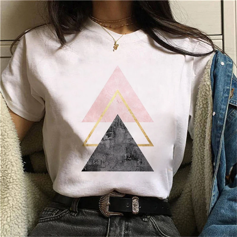 T-shirt manches courtes femme, joli haut avec motif géométrique imprimé, style Harajuku, années 90