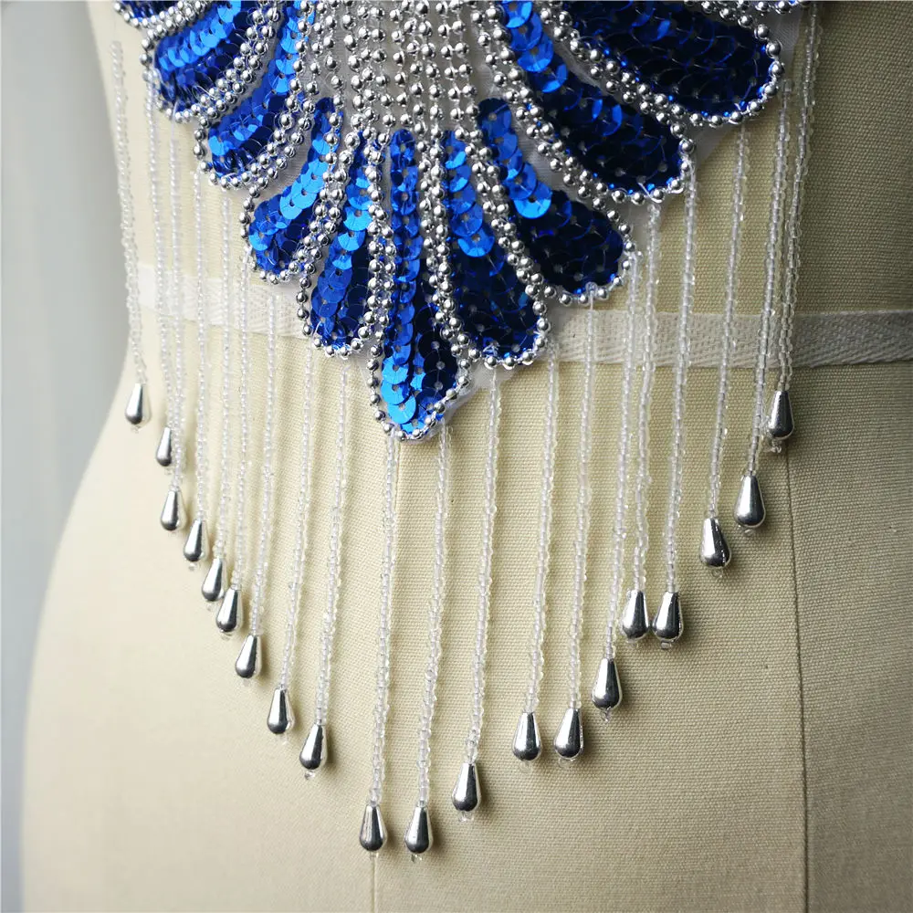 Royal Blue Sequin Lace Fabric Beads Tassel Wedding Gown Appliques Collar Baroque Embroidery Sew Patch For Dress DIY Decoration