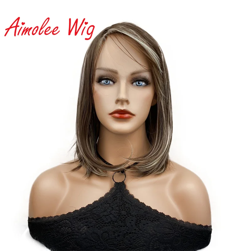 Aimolee Long Straight Wig Chestnut Brown/Pale Blonde Bob Neat Bang Hairstyle Women Synthetic Wigs