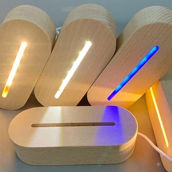 LED Indicator Light Solid Wood Acrylic 3D Lamp Base Wooden Small Night Light Base Creative DIY Beech Wood White Warm Light