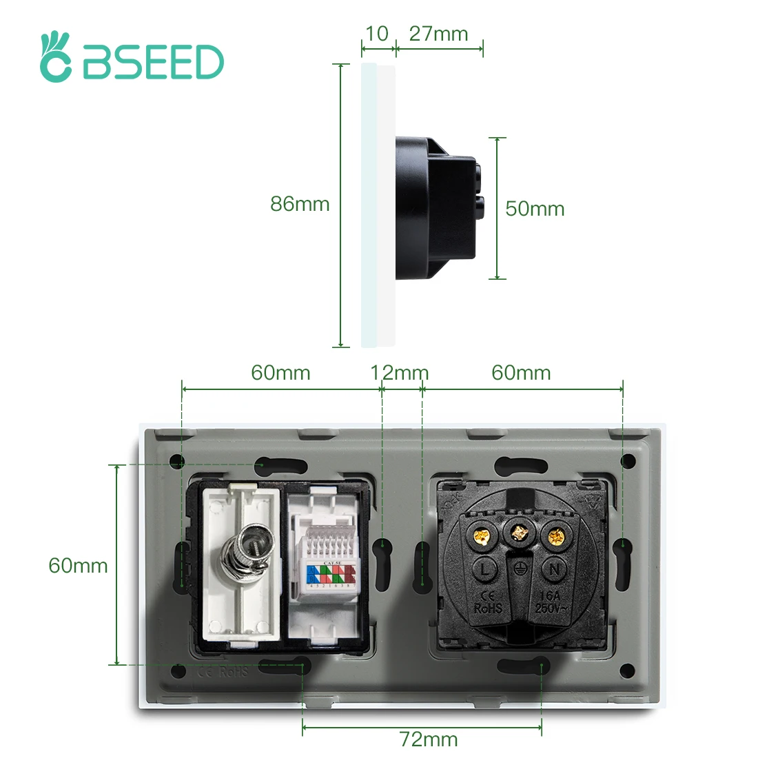 BSEED EU Standard Wall Socket With PC ST Socket Crystal Glass Panel White Black Golden CAT5 Internet Satellite Power Sockets