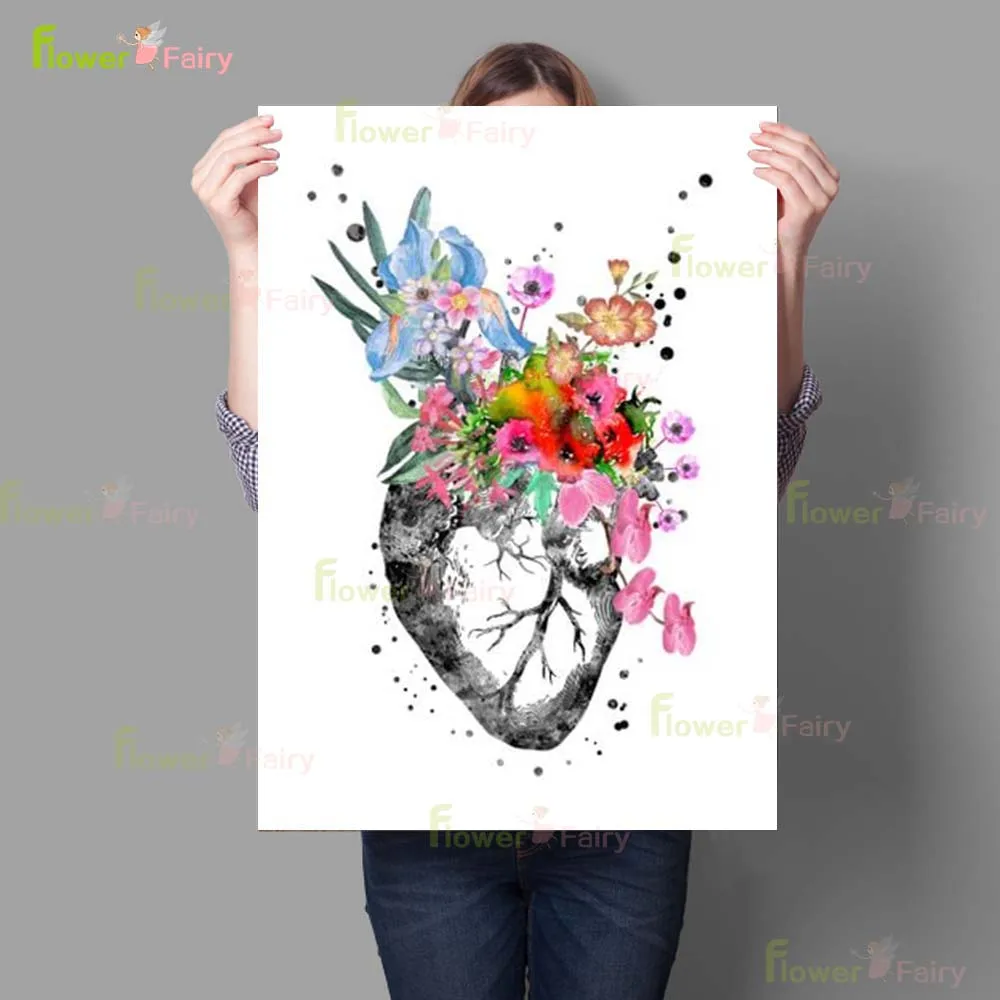 Watercolor Heart with Flowers Hospital Nordic Poster Outpatient Wall Art Canvas Painting Wall Pictures For Living Room Unframed