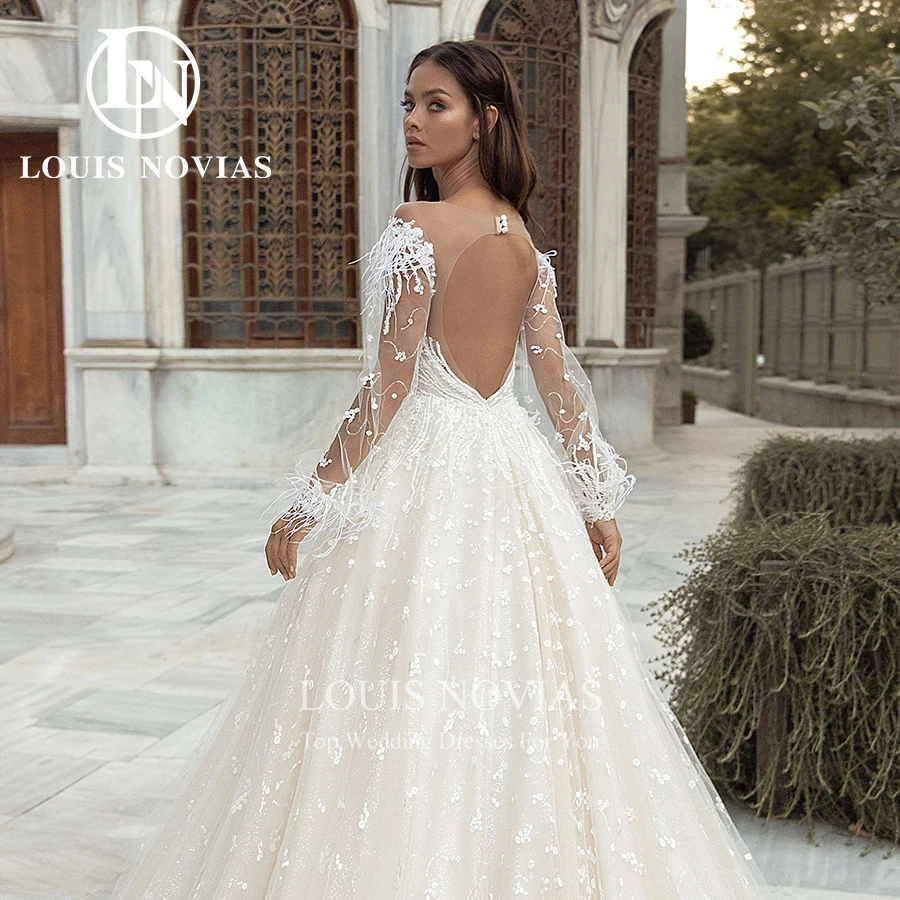 

LOUIS NOVIAS Puff Sleeve Wedding Dresses For Women Backless Sexy V-Neckline Bridal Gown Feather Shining A-Line Vestidos De Novia