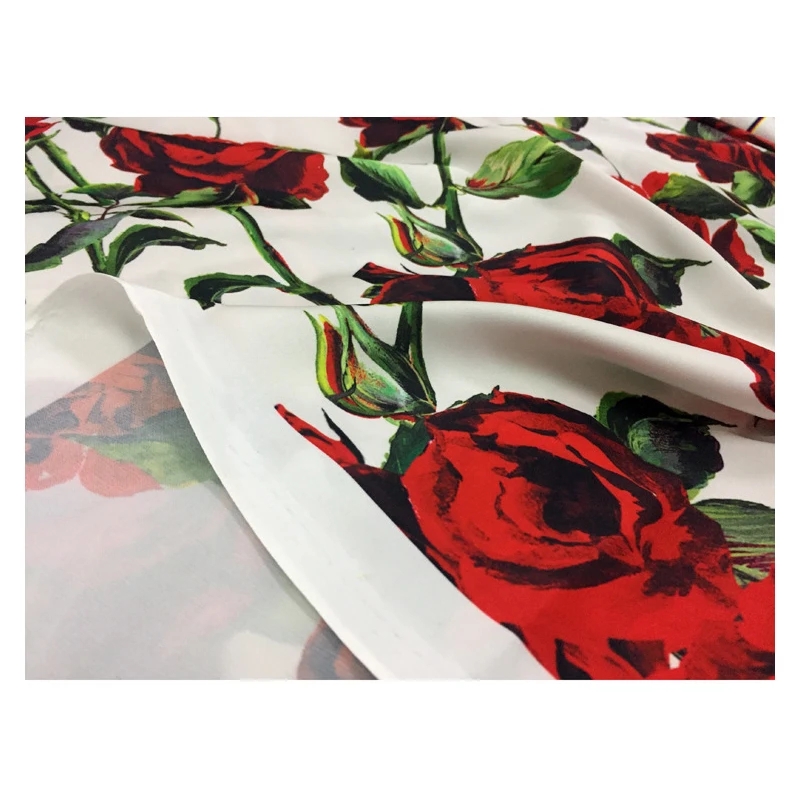 Rose Red Printing 100% Polyester Stretch Satin Fabric Fashion Women\'s Clothing Shirt Dress Chiffon Fabrics Cloth Per Meter