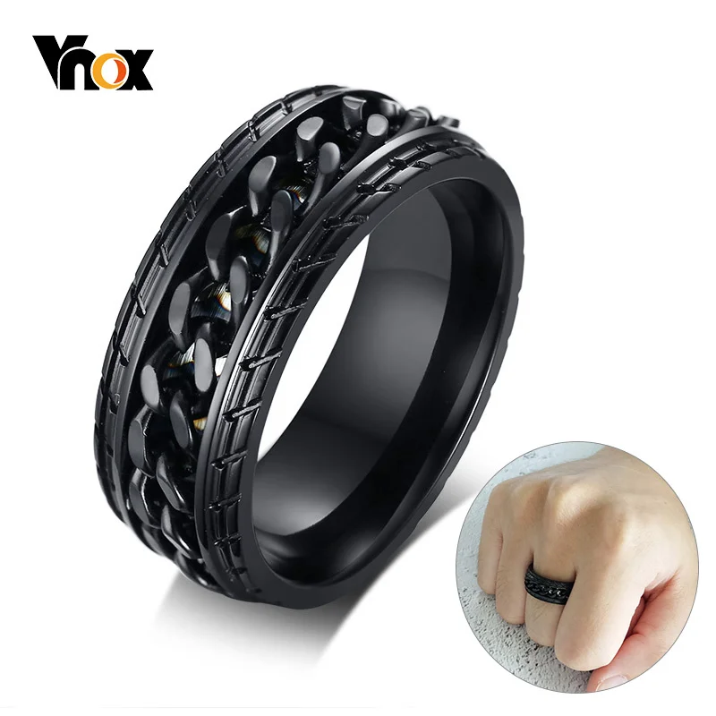 Vnox 8mm Cool Black Spinner Chain Ring for Men Tire Texture Stainless Steel Rotatable Links Punk Male Anel