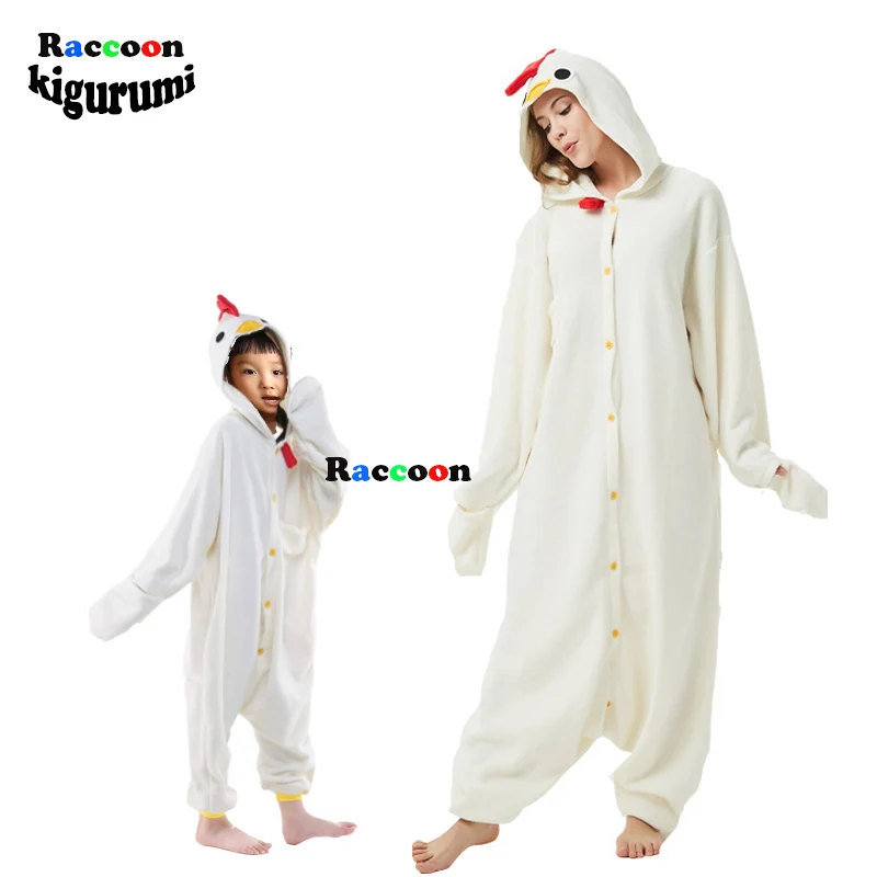 Unisex White Anime Rooster Cartoon Kigurumi Kids Onesie Pajamas Fleece Jumpsuit Funny Sleepwear Women Girl Cosplay Clothes