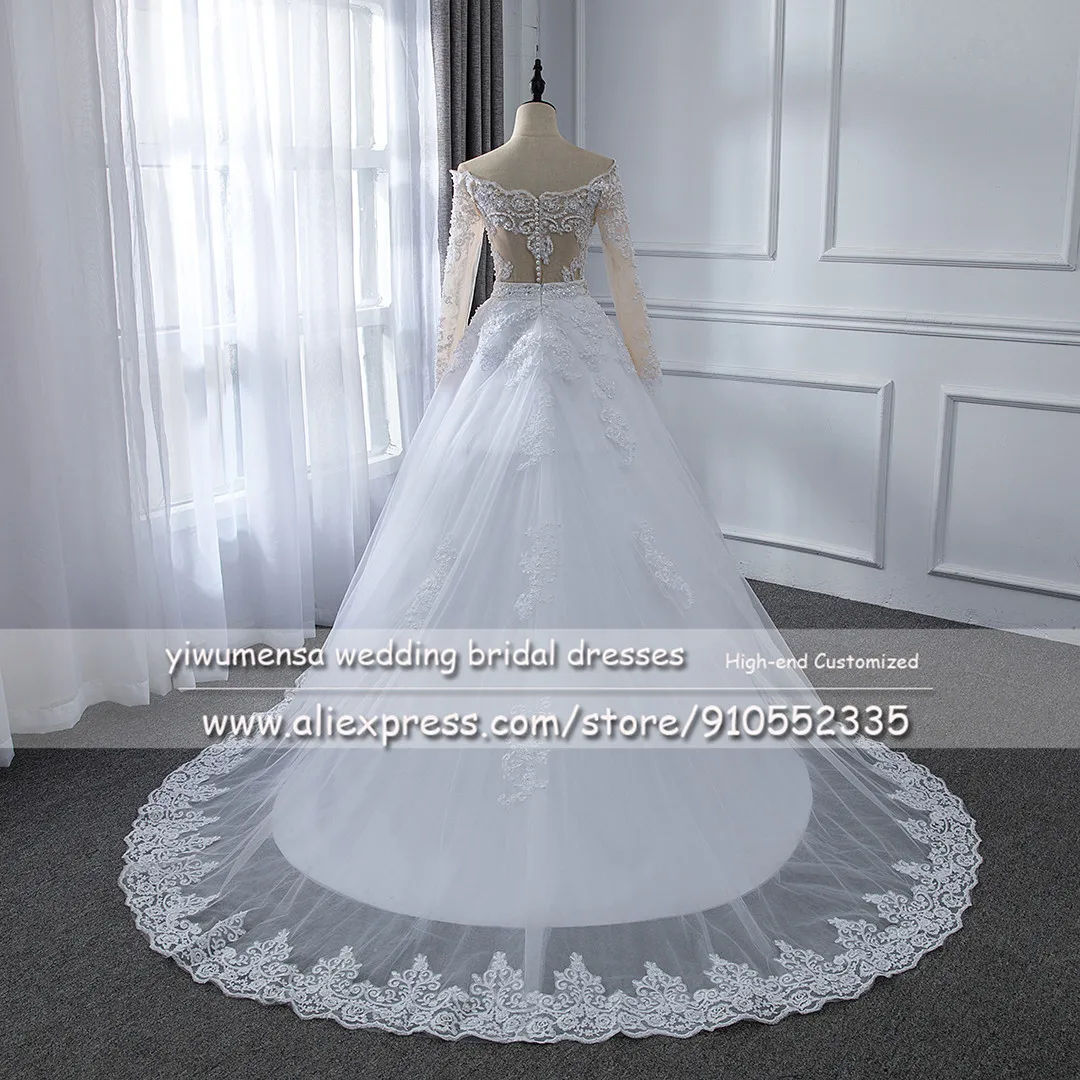 Luxury 2 IN 1 A Line Wedding Dress With Detachable Train White Boat Neck Full Sleeves Vestidos De Novias Bridal Marriage Gowns