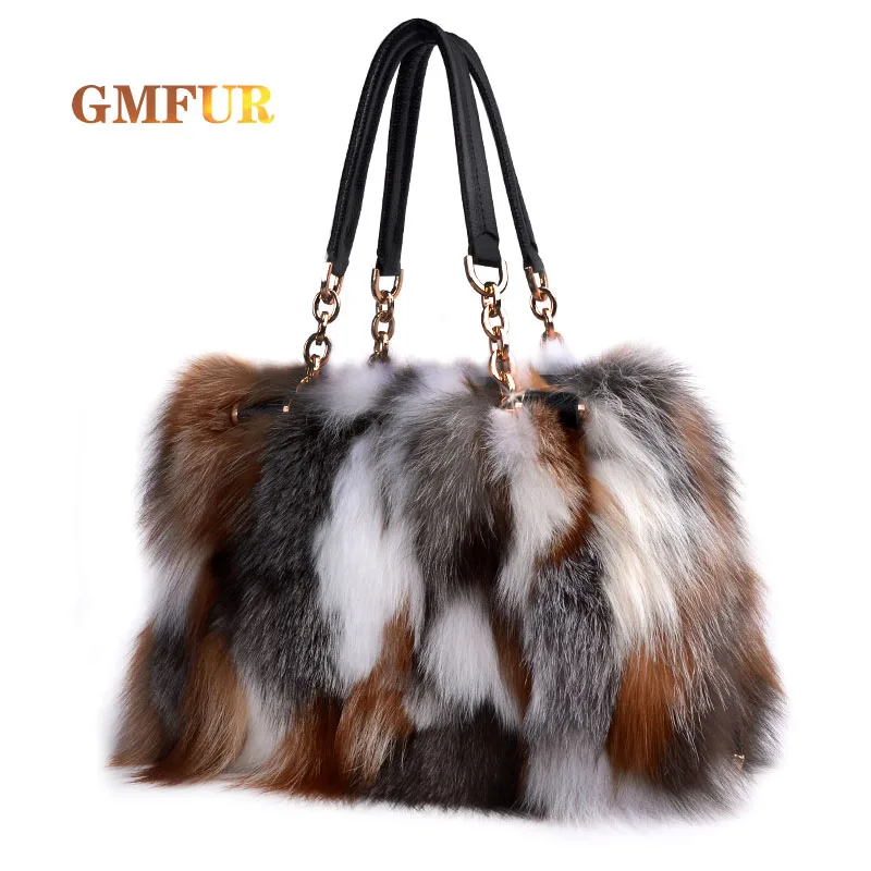 Ladies Purses 100% Real Silver Fox Fur Shoulder Messenger Women Crossbody Bags For Luxury Designer Dinner Bag Wallet Handbag