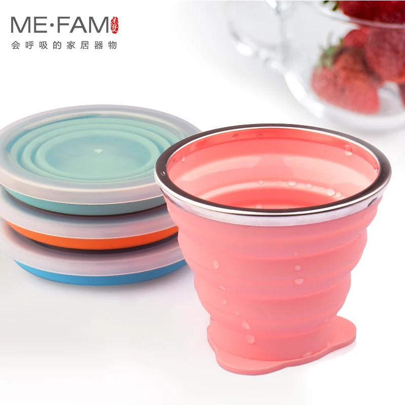 ME.FAM New Mini 150ml Silicone Folding Cup Stainless Steel Mouth With Dustproof Cover Outdoor Collapsible Travel Child Water Cup