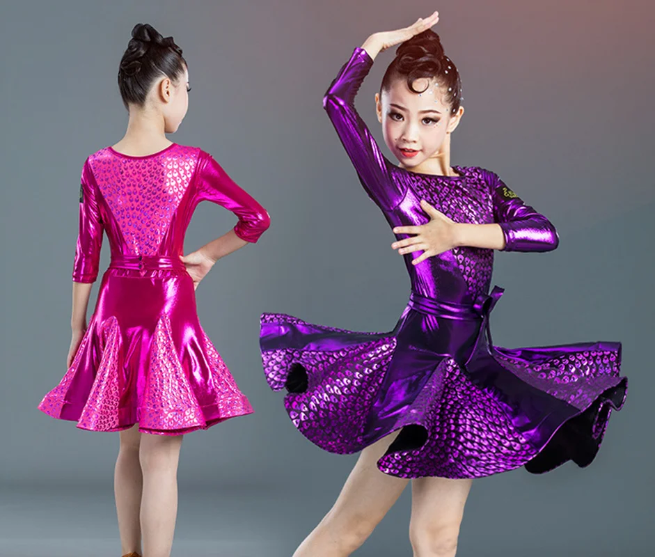 

Kid purple Elegant Pleated Modern Salsa Latin Ballroom Dance Dresses for Girl Dance Clothes Dancing Competition Costume Wear