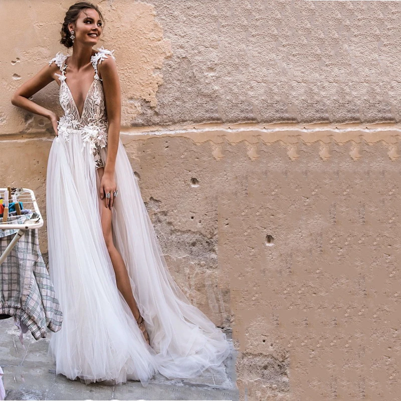 Gaun Pernikahan Pantai Seksi Boho Gaun Pengantin Tulle Gading Applique Renda A Line Tanpa Punggung Leher V Dalam Gaun Pengantin Vestido De Mariee