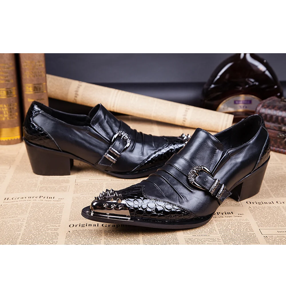 Summer Man Metal Tip Cowhide Shoes Buckles High-heeled Low help Men\'s Shoes Singer Show Luxury shoes party Heightening shoes