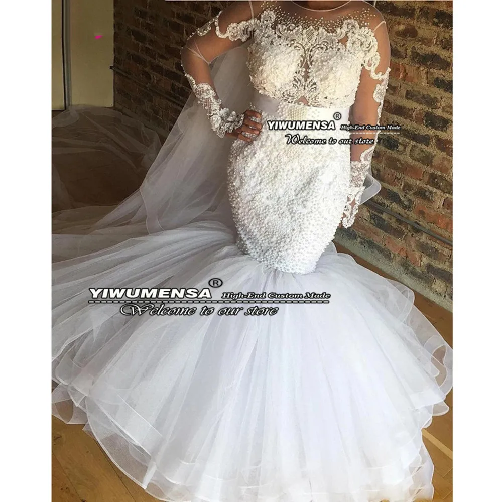 Abito da sposa a sirena bianco africano arabo Cyrstals perle Appliques maniche lunghe O collo abito da sposa in Tulle Plus Size Robe Mariee