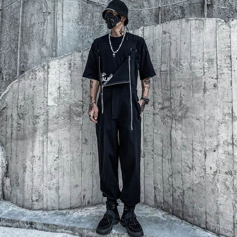 2021 Summer Overalls Men Woman Bib Jumpsuits Multi-Pocket Zipper Tie Feet Cool Street Hip Hop Coverall Pants Black Trousers