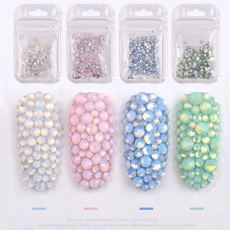 350pcs Opal 3D Crystal Nail Rhinestone Flatback AB Glass DIY Nail Art Decoration Mixed Size ss3-ss30