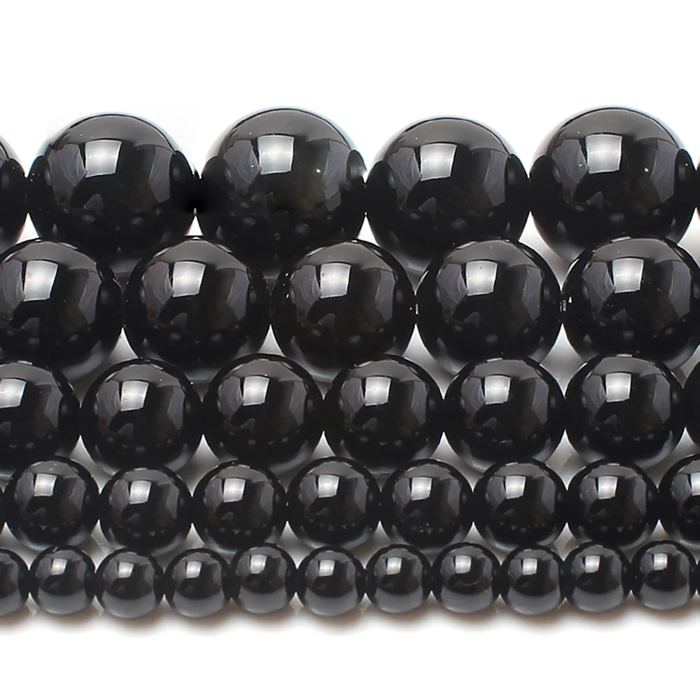 wholesale Natural Stone Beads Smooth Round Black Agates Onyx Loose Beads For Jewelry Making Pick Size 2/3/4/6/8/10/12/1mm