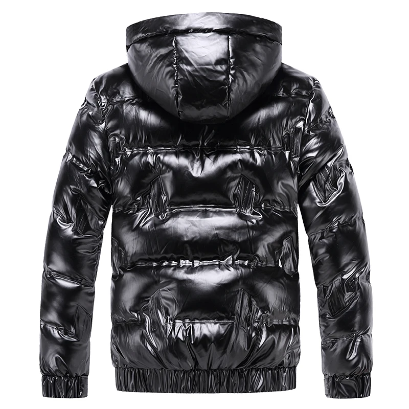 New Bright Leather Winter Men\'s Jacket Casual Parka Outwear Waterproof Puffer Padding Warm Stand With Hood Outwearing Coat