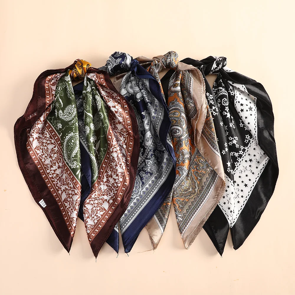 60*60CM Printing Bandanas Hair Bands For Girls Women Square Satin Scarf Fashion Turban Headband New Vintage Hair Accessories