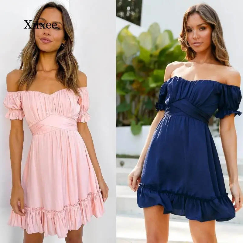 

Ruffles Slash Neck Dress Women Dress Solid Ladies Party Robe New Summer Fashion Casual Outdoor Beach Sexy Female Clothing