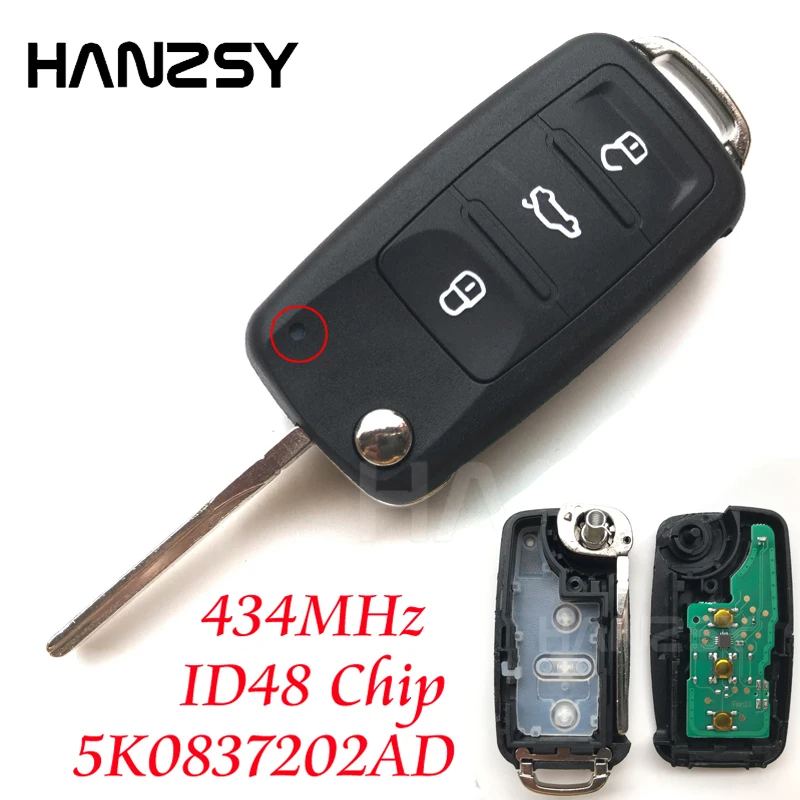 NEW 3 button Remote Key For VW Golf Jetta for VOLKSWAGEN Beetle Polo Up Tiguan Complete Car key 5K0837202AD ID48Chip 434MHz