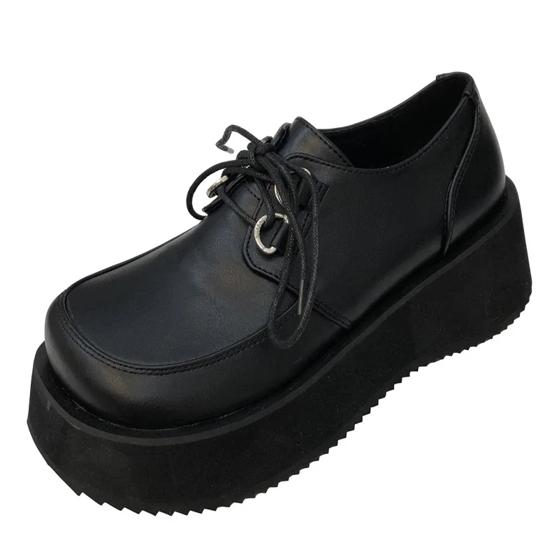 Women thick bottom leather leisure shoes British wind thick black women leather shoes bottom comfortable fashion women's shoes