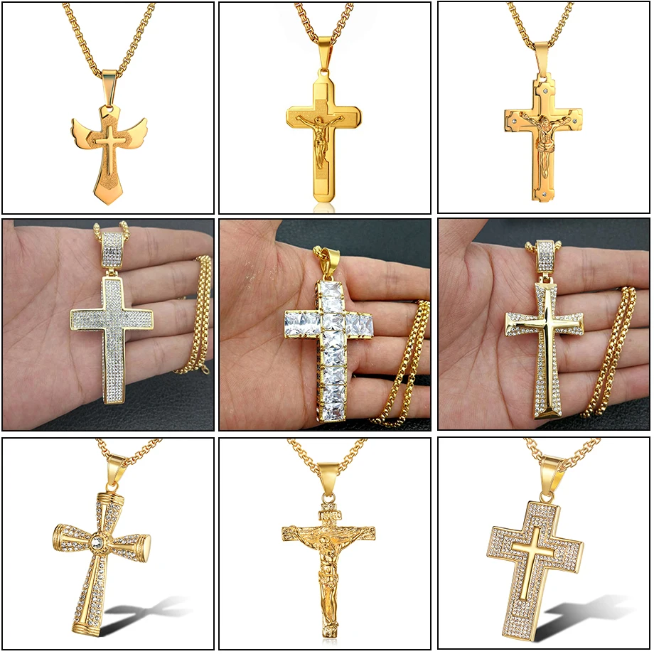 Gold Color Christian Stainless Steel Pendant Necklace for Men Women Fashion Jewelry Crucifix Jesus Cross Chain