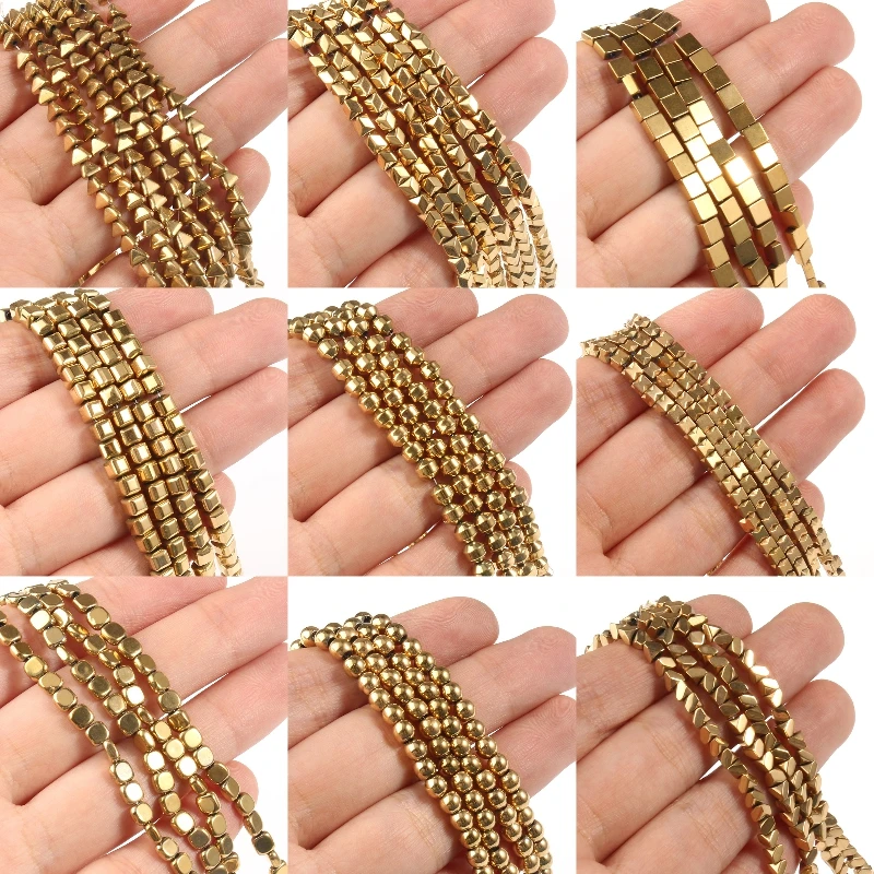 AAA+ Color Retention Natural Gold Plated Hematite Bead Cube Geometric Spacer Loose Beads For DIY Bracelet Necklace Accessories