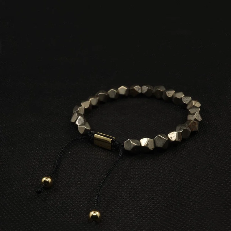 POHIER  Natur Stone Squared Collection - Faceted Iron Pyrite Bead Bracelet For Man Woman  Jewelri For Gift