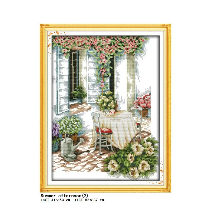 Joy Sunday Window Sill Flower Scenery Series Cross Stitch Kit Floral Pattern Aida 14CT11CT Count Print Embroidery Needlework Set